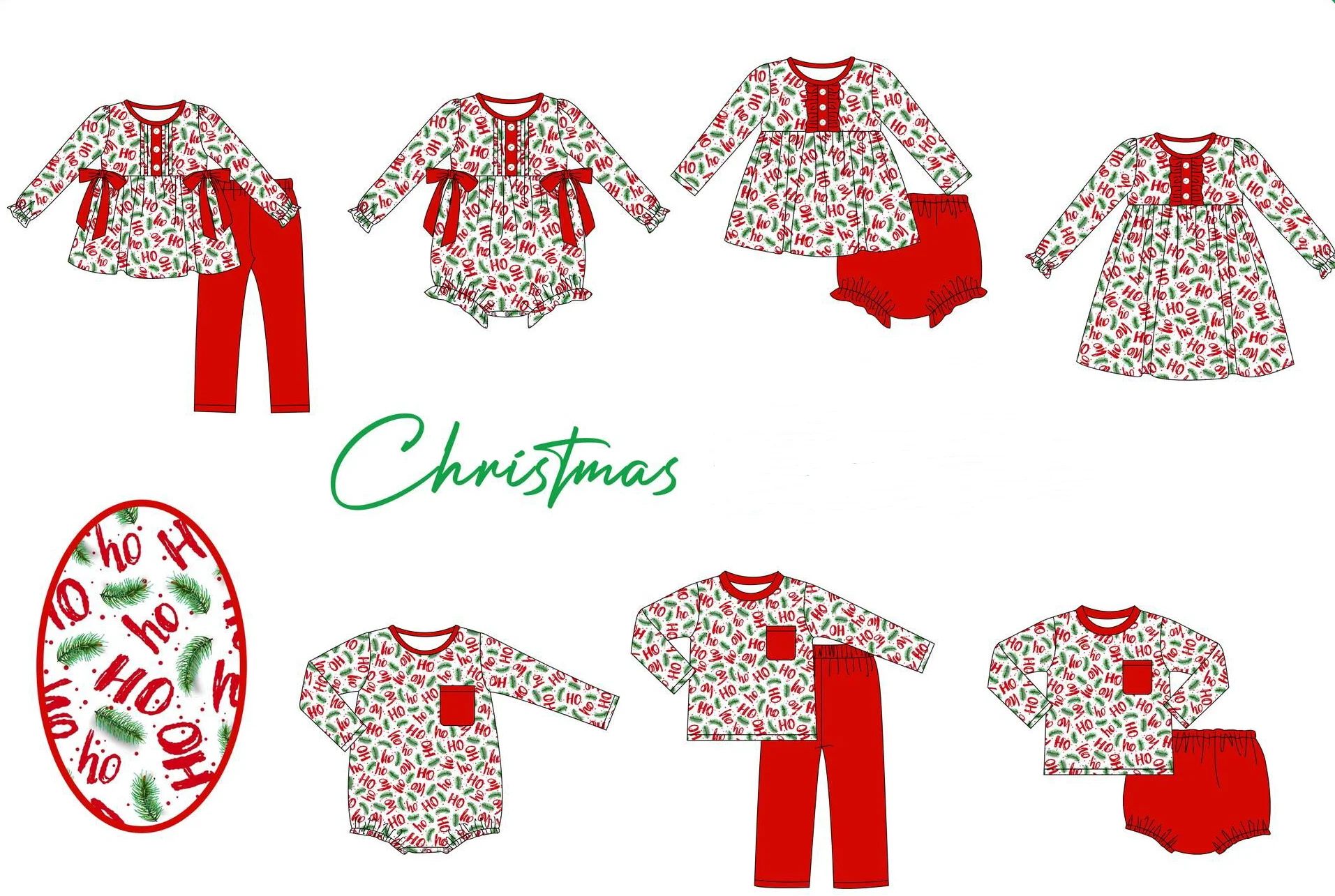 Christmas boutique children\'s set long-sleeved elastic letter leaf print bow trousers girls boys trousers set baby romper dress