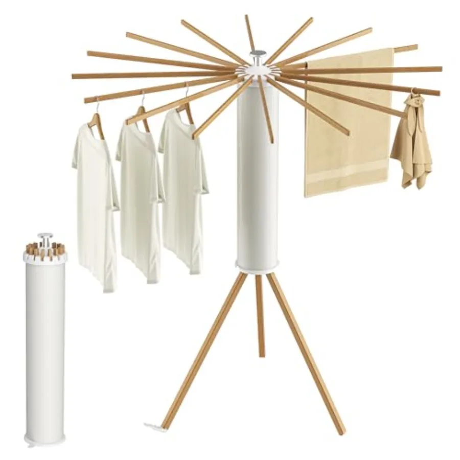 

Portable Foldable Wood Laundry Drying Rack with 16 Rods for Balcony Bedroom Household - Space Saving Clothes Drying Stand White