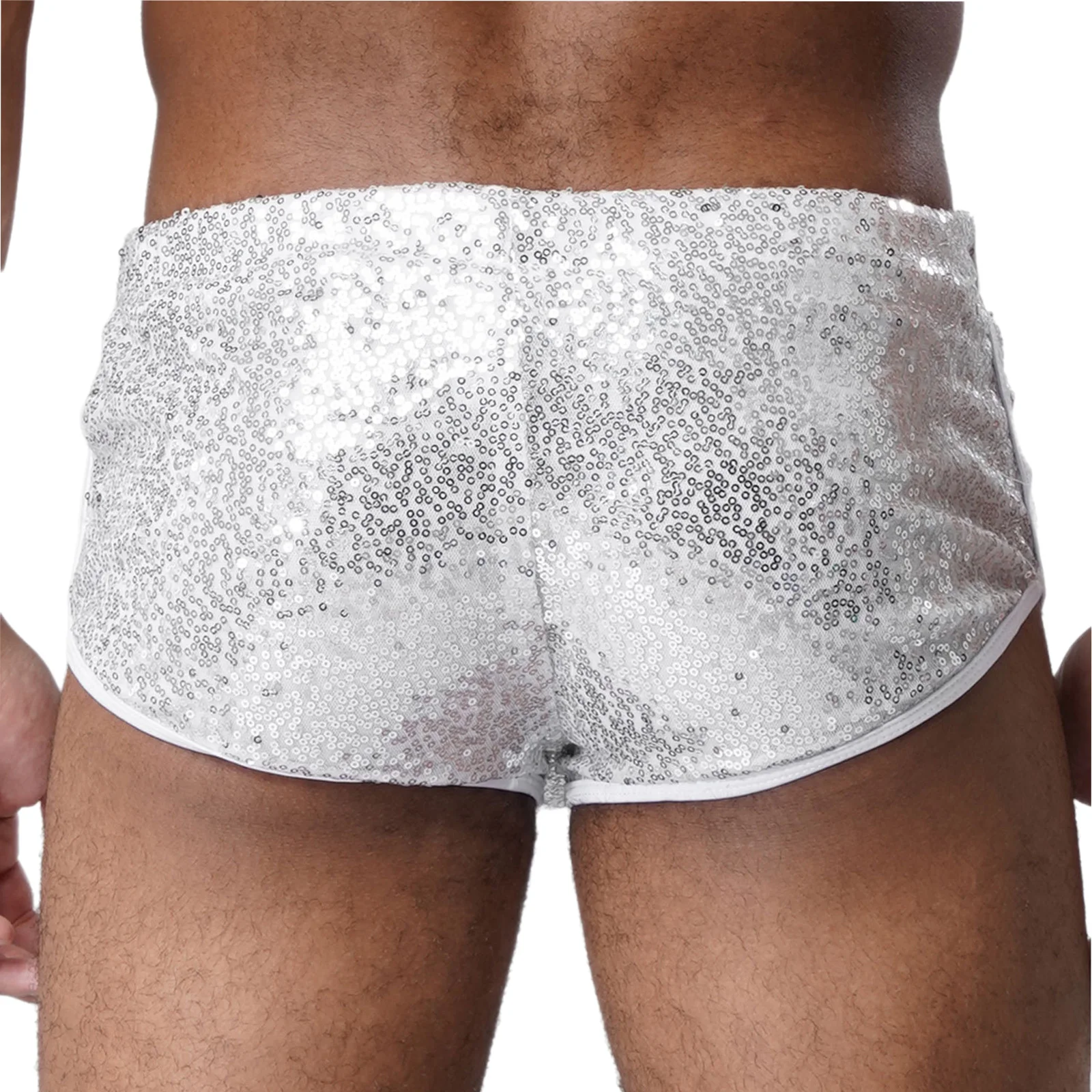 Men Low Rise Shiny Mini Shorts Pants Elastic Waist Briefs Sparkling Sequins Shorts for Club Beach Poolside Party Dance Shorts