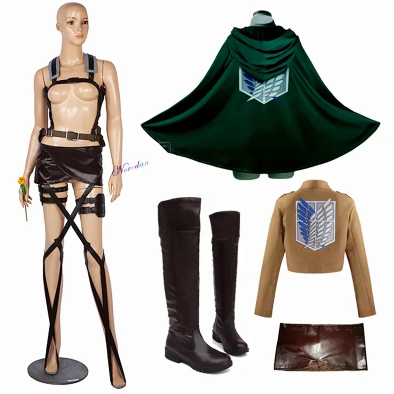 Cosdea Anime Cosplay Shingeki no Kyojin Jacket Recon Corps Leather Boots Skirt Belts Suspenders Ackerman Costume