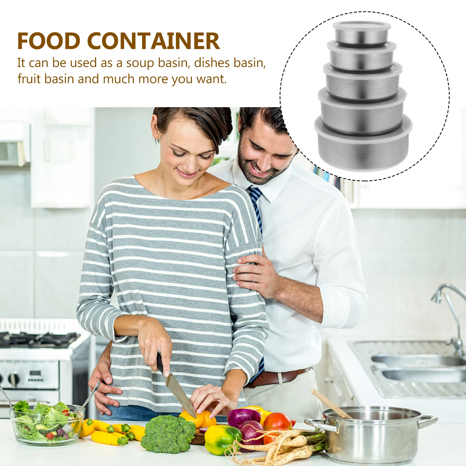 

5 Pcs Crisper Set Stainless Steel Storage Bowls with Lids Food Containers Round Boxes for