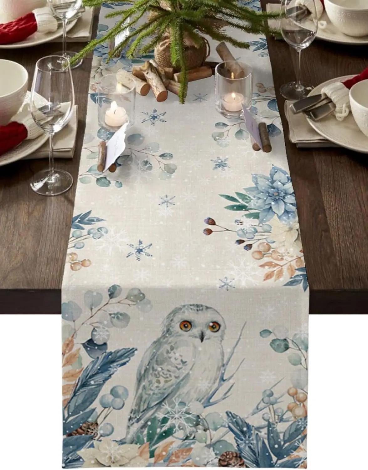 Christmas Owl Eucalyptus Leaves Linen Table Runner Dresser Scarf Winter Xmas Party Dining Table Decor Christmas Decorations 2025