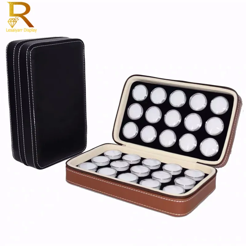 Caja de almacenamiento de joyas de diamantes con cremallera de PU, estuche de polipiel marrón con 30 piezas negra, caja de gemas de piedra redonda,