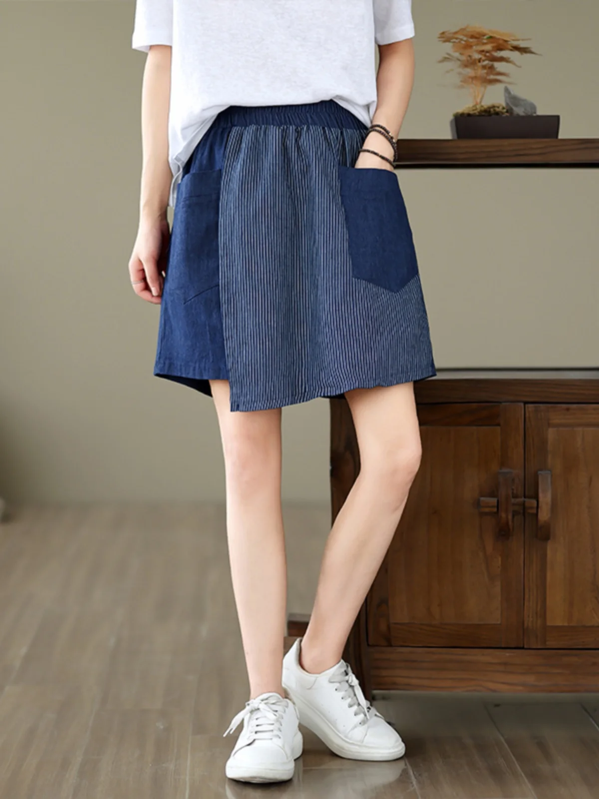 

Модная джинсовая юбка с талией в полоску в стиле пэчворк, прямая повседневная утягивающая женская летняя юбка с высокой талией большого размера