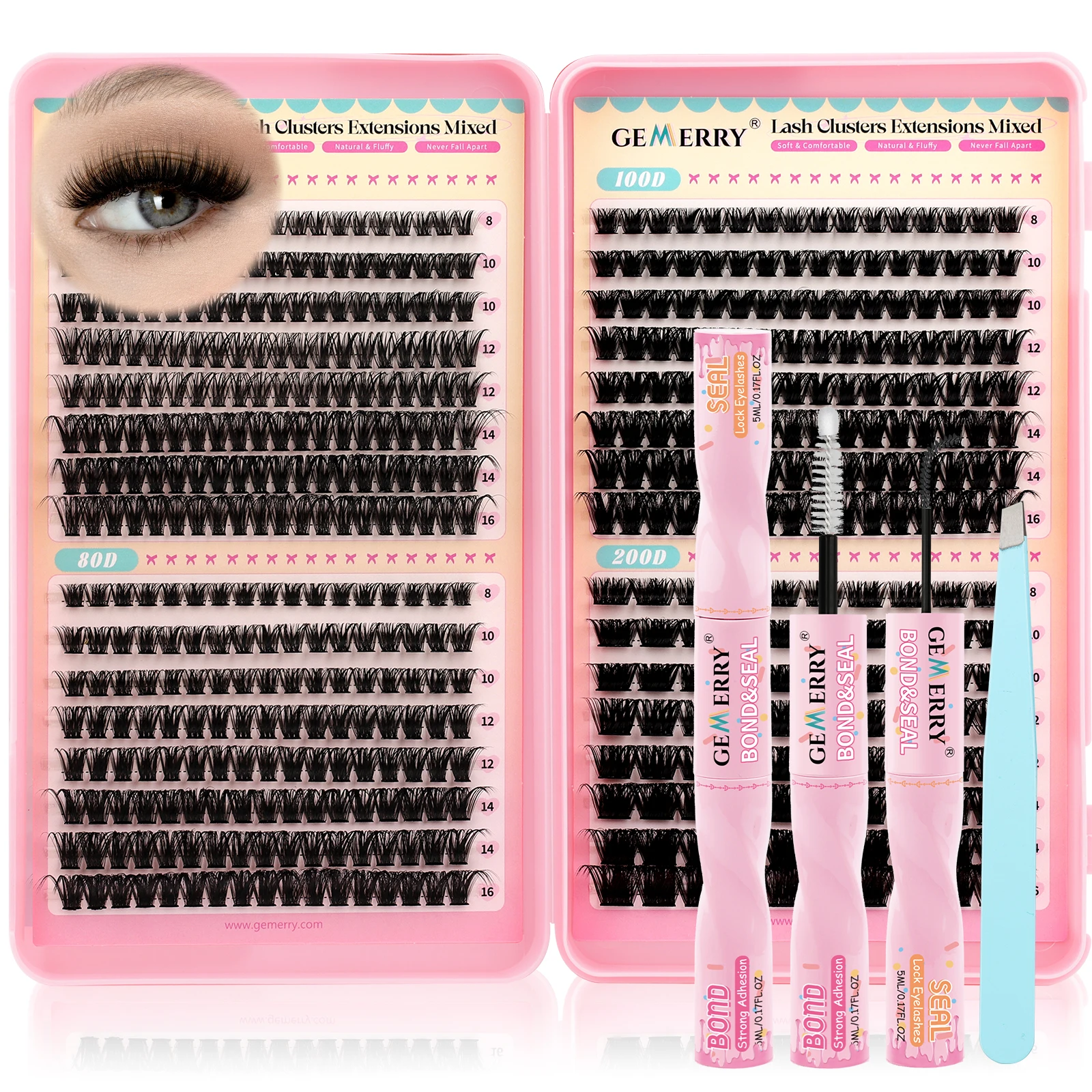 GEMERRY Lash Clusters Kit Individual Cluster lash Extensions Fluffy Mixed Tray Eyelash Clusters with Lash Bond&Seal and Tweezers