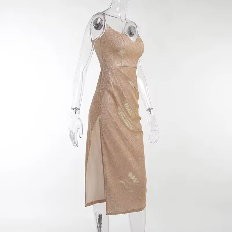 

Summer New Sexy Glitter ting Camisole Dress, Fashionable Slit Long Skirt