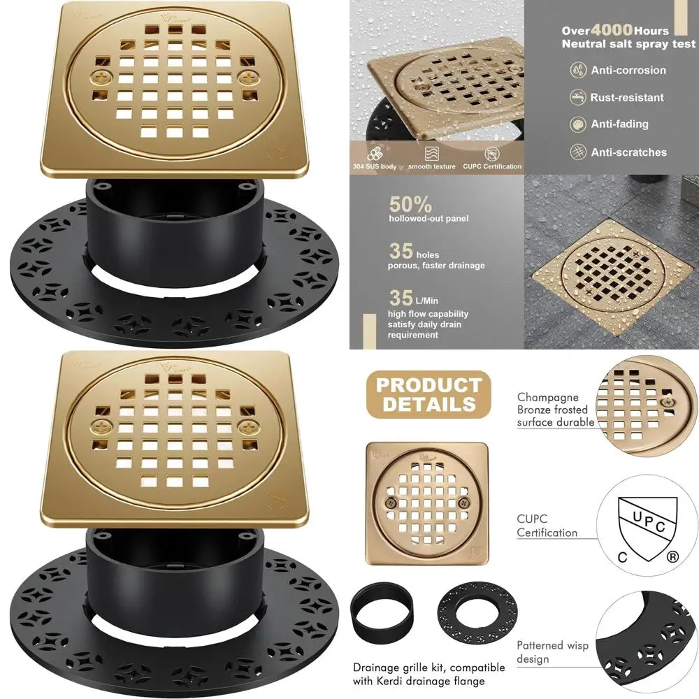 

4 Champagne Bronze Shower Floor Drain Kit with Adjustable Collar, Compatible with Schluter Kerdi-Drain, Removable Square Grate,
