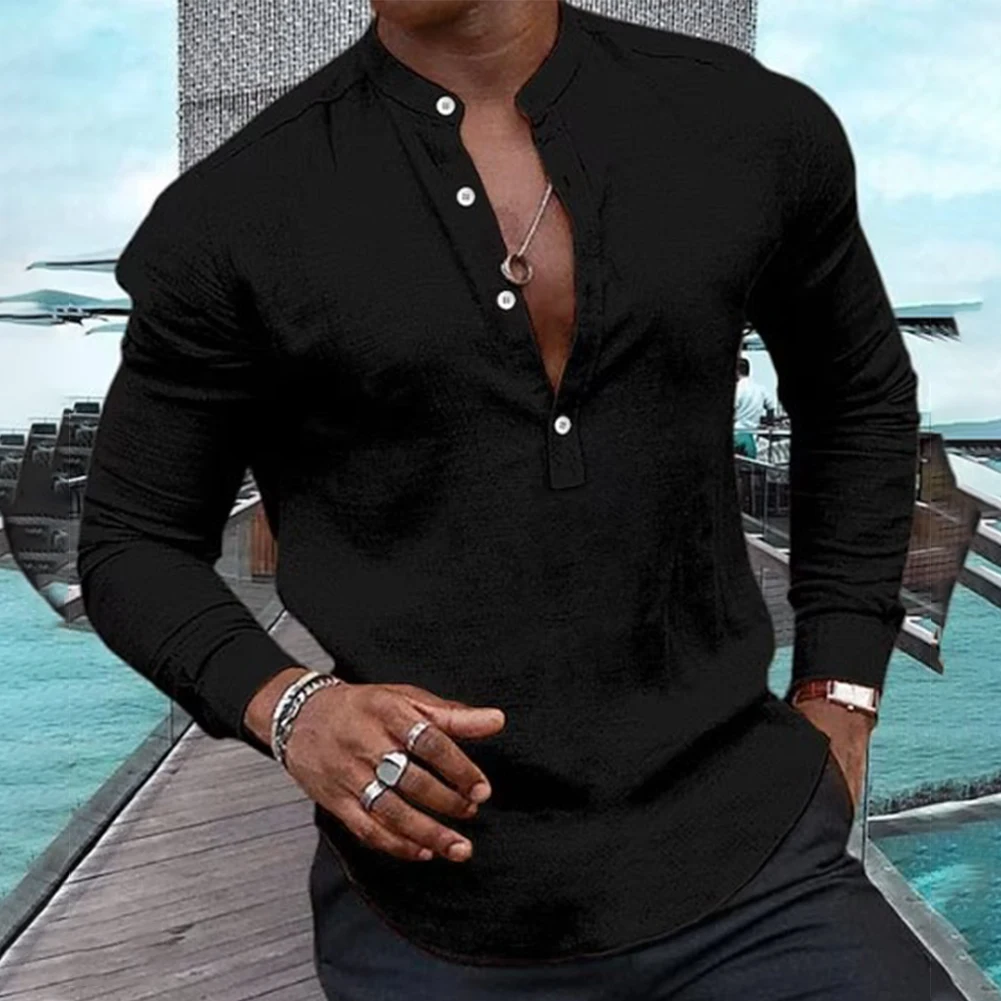 Camicia casual da uomo a maniche lunghe abbottonata Camicetta con scollo a V Henley T-shirt stile classico per ogni occasione