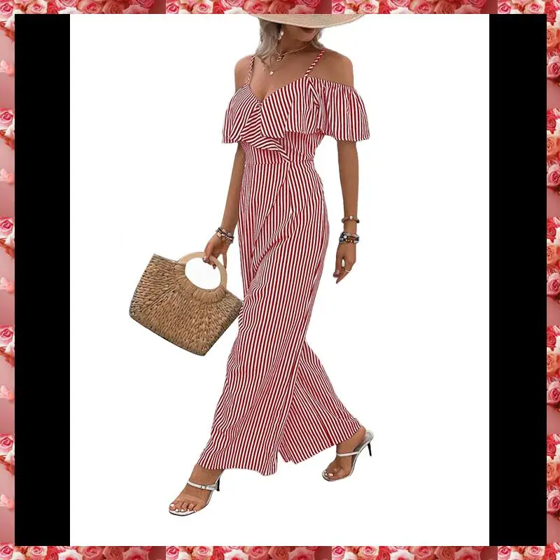Mulheres listrado plissado macacões elegante verão suspender calças de perna larga macacão