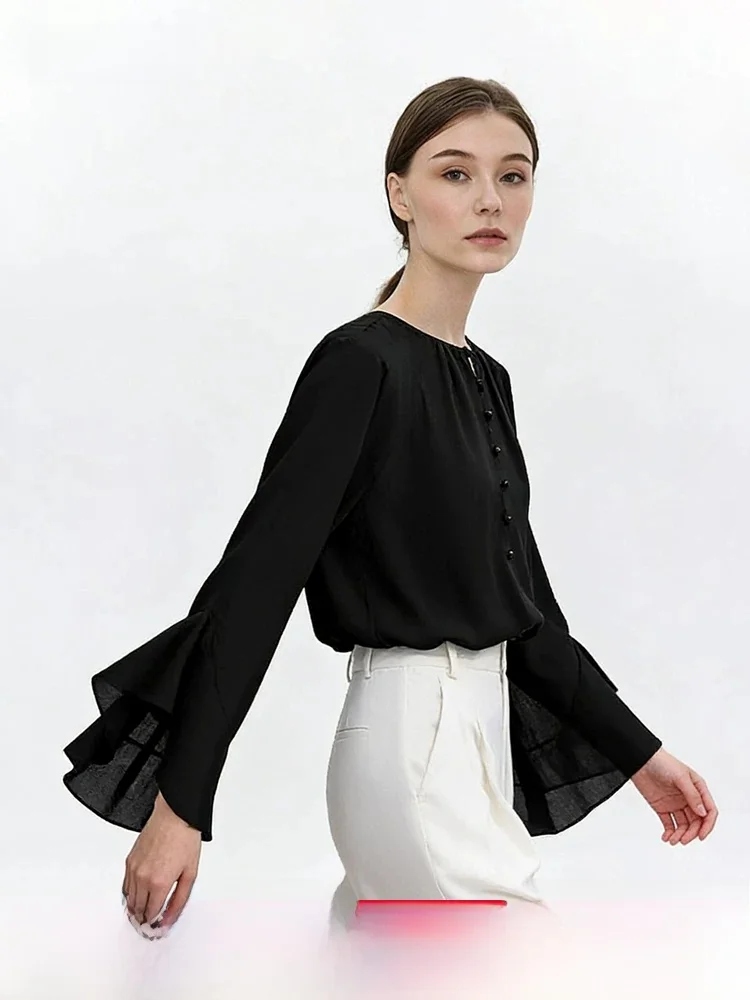

Spring 2026 Women's round Neck Two-Way Wear Holiday Style Flared Sleeve Chiffon Top Casual Straight Cut Long Sleeve