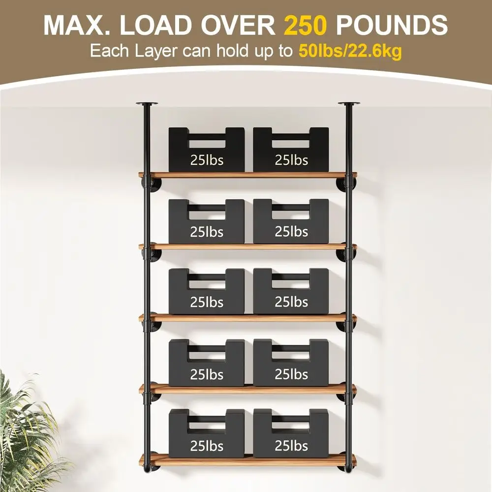 5-Tier Wall-Mounted Iron Pipe Open Bookshelf - DIY Storage Shelves