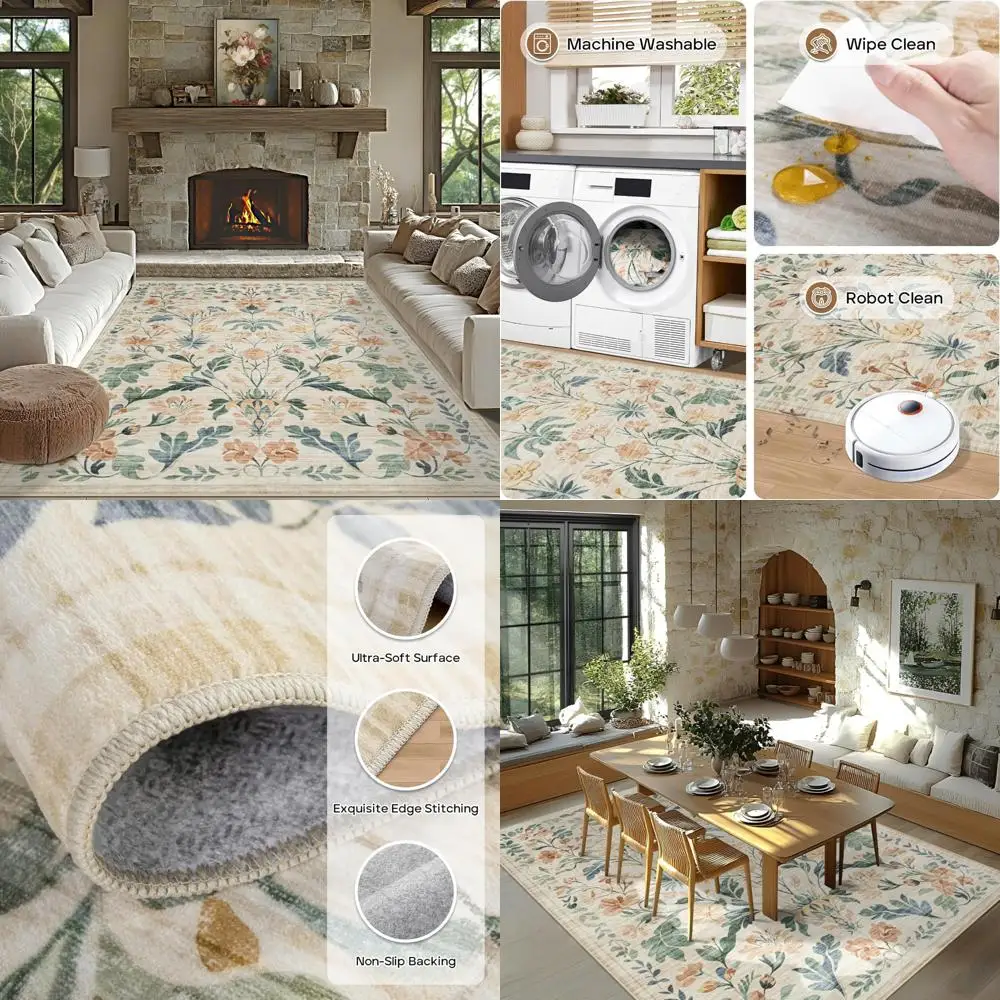 

Washable 8x10 Bohemian Living Room Rug: Soft, Anti-Skid, Thin Carpet with Neutral Floral Pattern for Indoor Floors