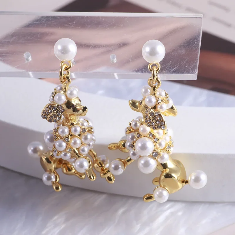 Three-dimensional cute dog poodle encrusted pearl zircon earrings