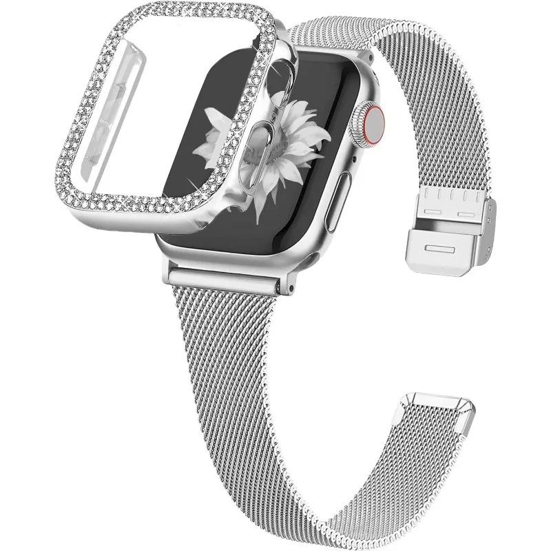 Алмазный корпус + металлический ремешок для Apple Watch, ремешок 45 мм, 44 мм, 40 мм, 41 мм, браслет из нержавеющей стали для iWatch Series 9 8 7 se 6 5 4
