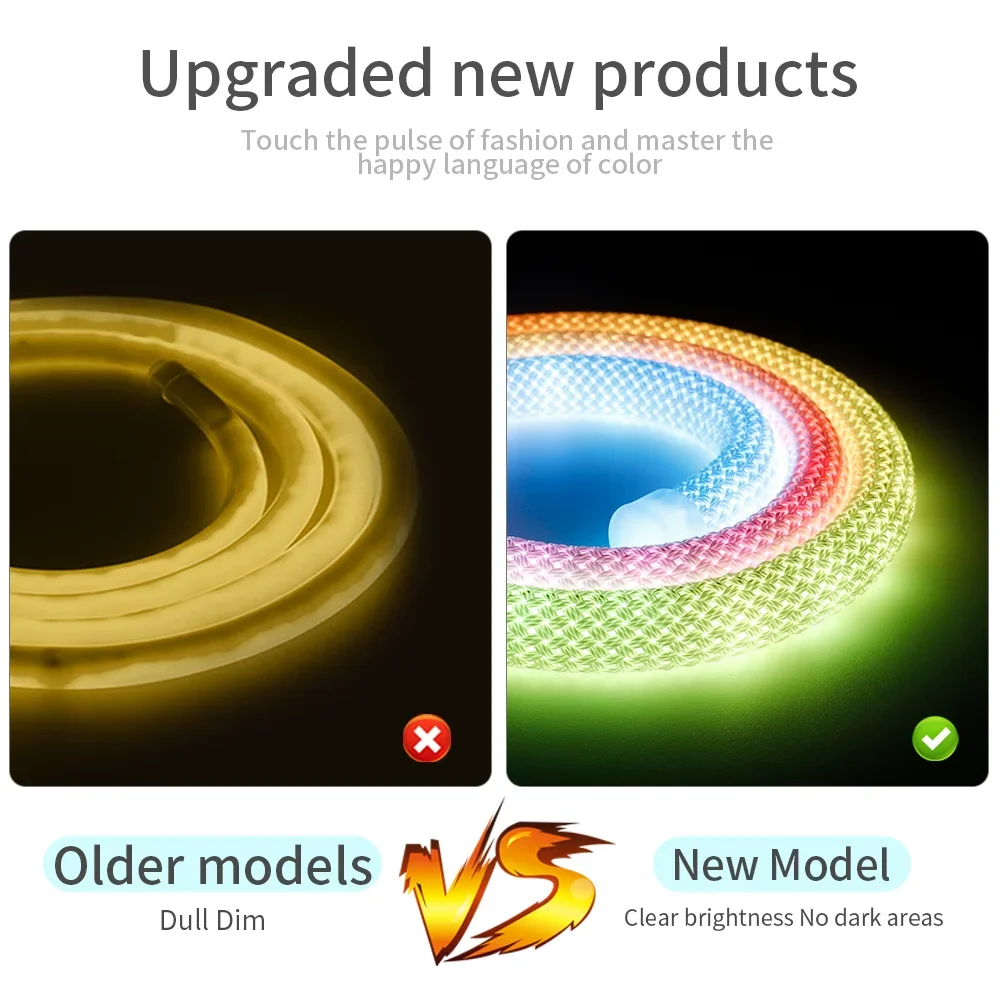 شرائط إضاءة سيليكون RGB IC، وأضواء نيون مرنة LED ذكية، وشرائط إضاءة مقاومة للماء 360 درجة قابلة للانحناء، ووحدة تحكم 24 مفتاحًا