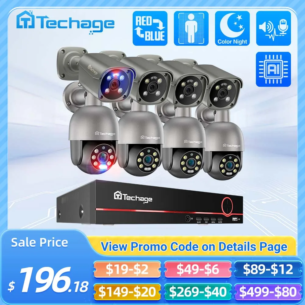 Techage H.265 8CH Ultra HD 4K POE NVR Set Two-way Audio Smart AI Human Detected 8MP CCTV Video Outdoor Security IP Camera System