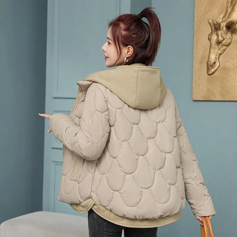 

2025 New Winter Short Fake Two Piece Down Cotton Jacket Women's Korean Version Loose Thicken Hooded Coat Female Warm Pike