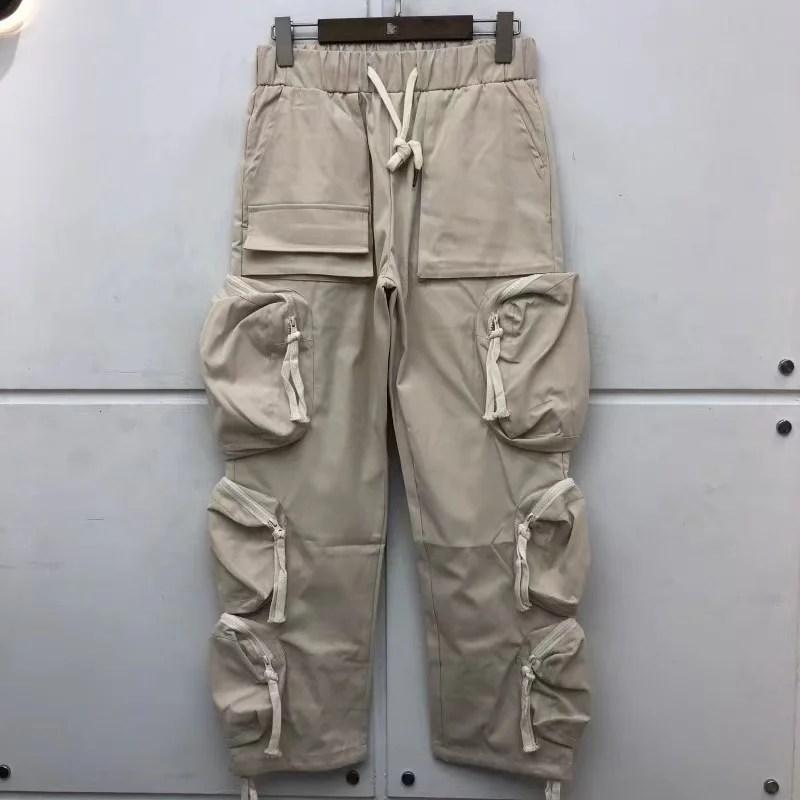 High Street Hip Hop Fashion Black Almond Pocket Casual Pants Drawstring Loose Men Best Quality Straight Leg Pants
