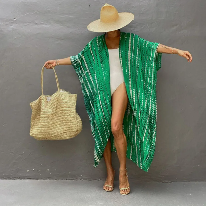 17 Colors Retro Striped Self Belted Bikini Cover-ups Women Summer Kimono Beach Dress Beach Wear Swim Suit Cover Up