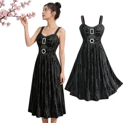 Plus Size Formal Dress Women Buckles Ruched Lace Trim Velvet Patchwork Tank Dress Female Black Knee-Length Vestidos