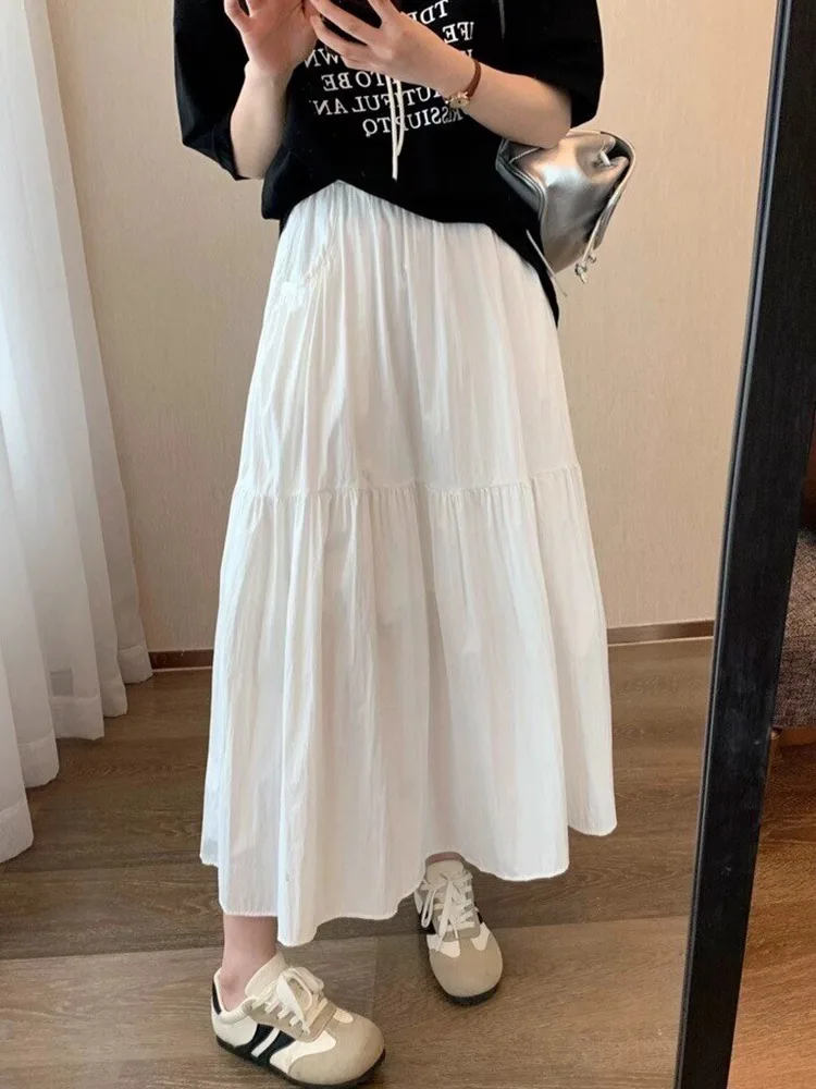 

White High Waist Draped A-Line Midi Skirt Women's plus Size Summer New Style Slimming Half-length Umbrella Skirt