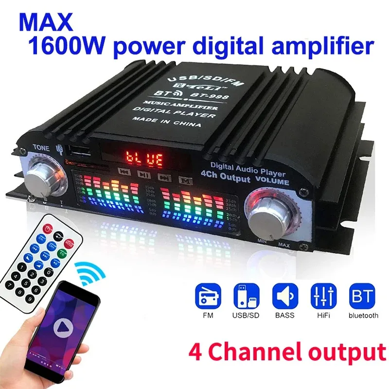 1600W Peak Power HiFi Sound Amplifier Digital 4 Channel Audio Amplifier Bluetooth Karaoke Player FM Radio Support Remote Control
