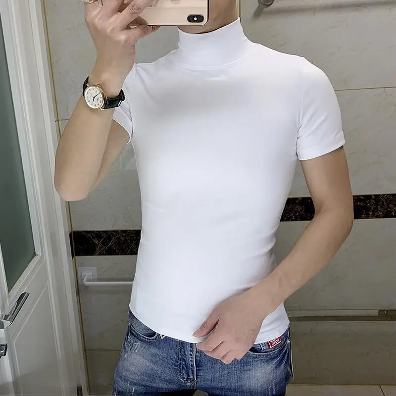 2023 New Arrival Men\'s High Neck Solid Color Base Shirt Korean Slim Fit Stand Collar Tight Fashion Casual Short Sleeve T-Shirt