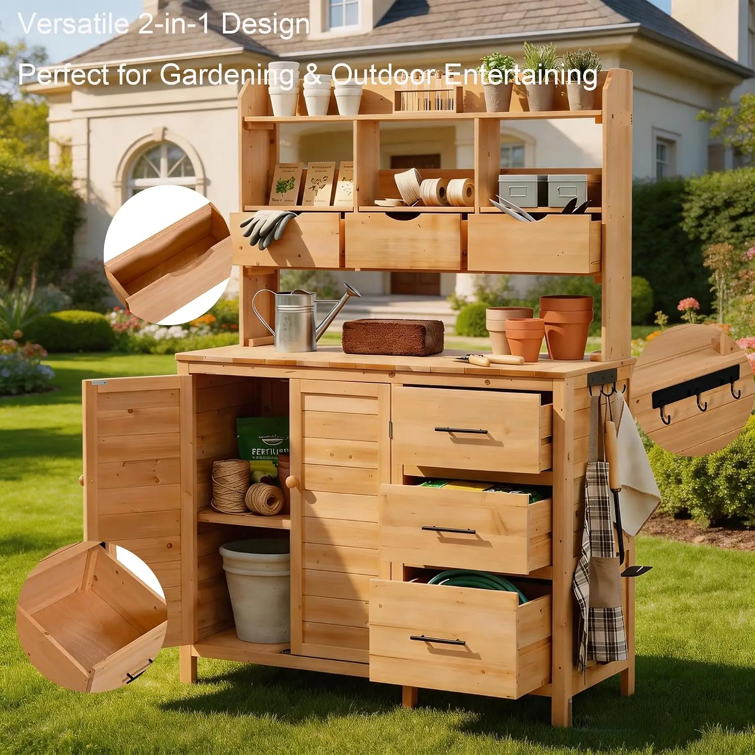 65 Inch Garden Potting Bench with 6 Drawers, Natural, Customized