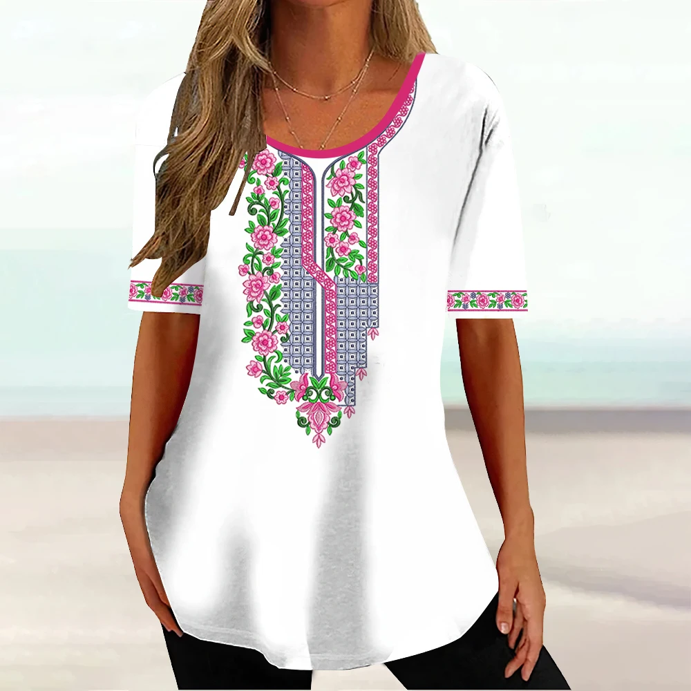 Afrikaanse Etnische Vrouwen T-Shirt Tribal Print Dames Korte Mouw Klassieke Trui Zomer O-hals Losse Streetwear Dagelijkse Kleding