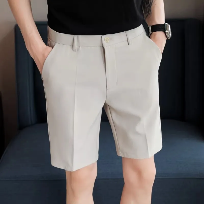 

Summer Thin Ice Silk Cool Feeling Men's Casual Pants Drapey Loose Suit Pants Five-Quarter Trendy orts Polyester Fiber