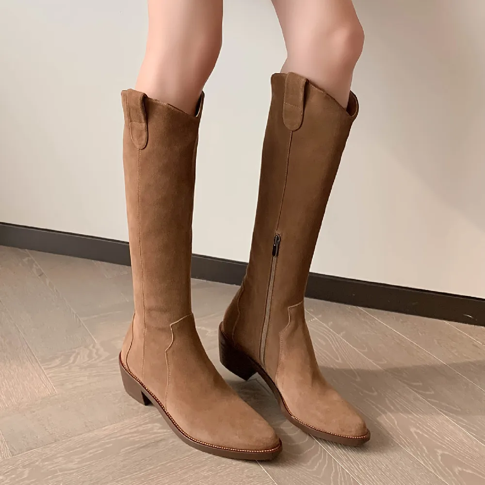 Women's natural suede leather 5cm thick med heel pointed toe size zip autumn knee high boots elegant ladies slim long boots sale