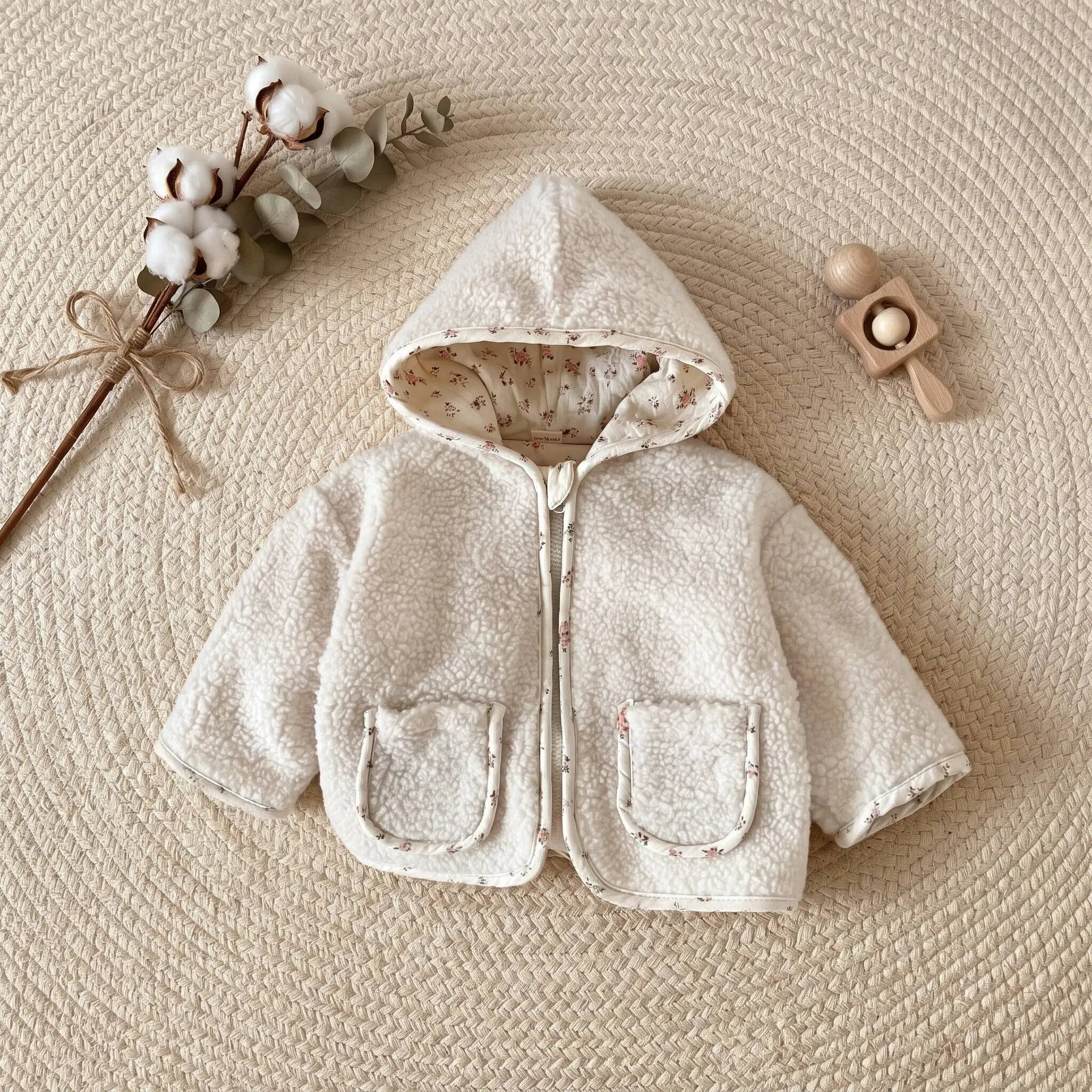 Toddler Infant Hooded Lamb Fleece Jacket Sweet Floral Inside Zipper Coat Baby Girl Winter Warm Outerwear with Pockets