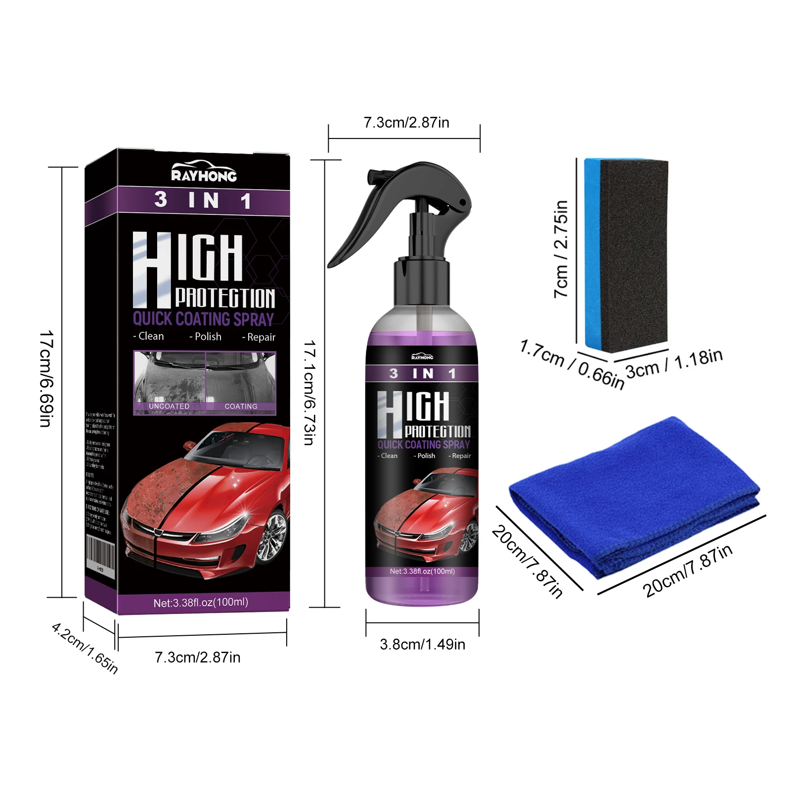 عامل طلاء 3 في 1 (أرجواني) تلميع إزالة الشحوم في السيارة، إصلاح الخدوش الواقي، صيانة طلاء السيارات، رذاذ الطلاء