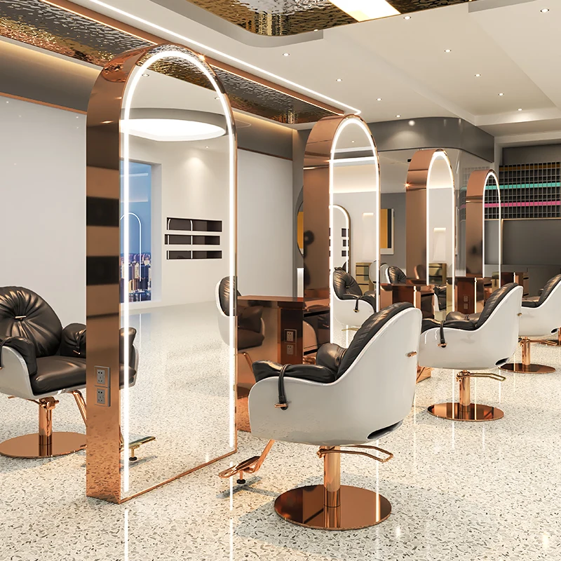 Luxury salon furniture led light gold frame double sided barber station modern hair salon mirrors designs