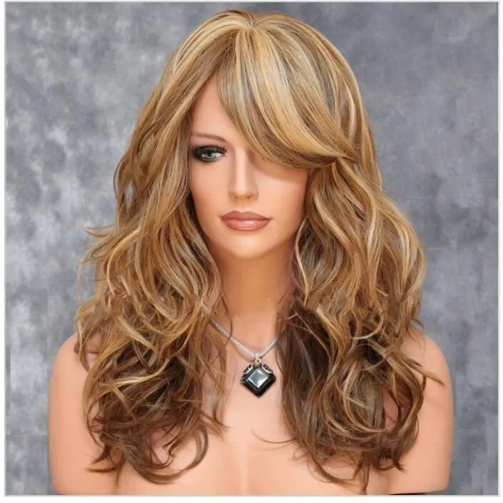 

High temperature silk whole head wig head cover cosplay oblique bangs big wave curl wig