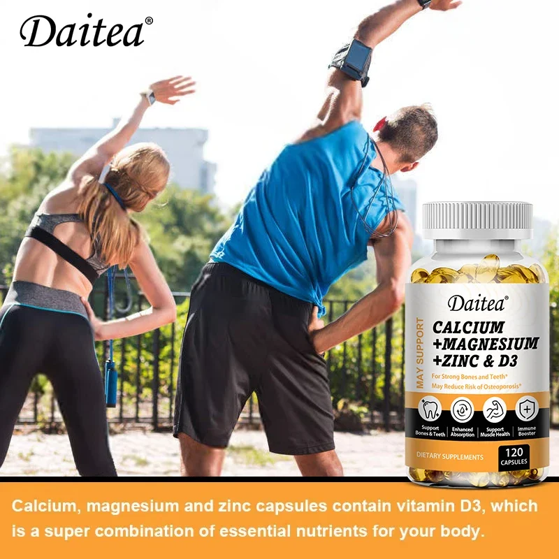 Daitea Calcium Magnesium Zinc & Vitamin D3 Capsules for Strong Bones and Teeth, Easy To Absorb, Non-GMO, Gluten-free