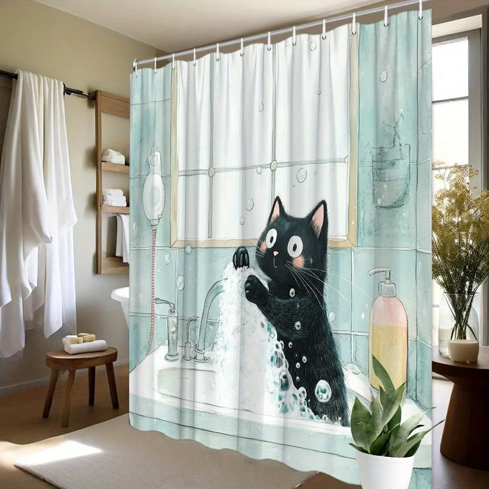 Black Cat & Bubbles Shower Curtain - Playful Cat Interacting with Bubbles in Sink Design, Whimsical Polyester Bathroom Decor