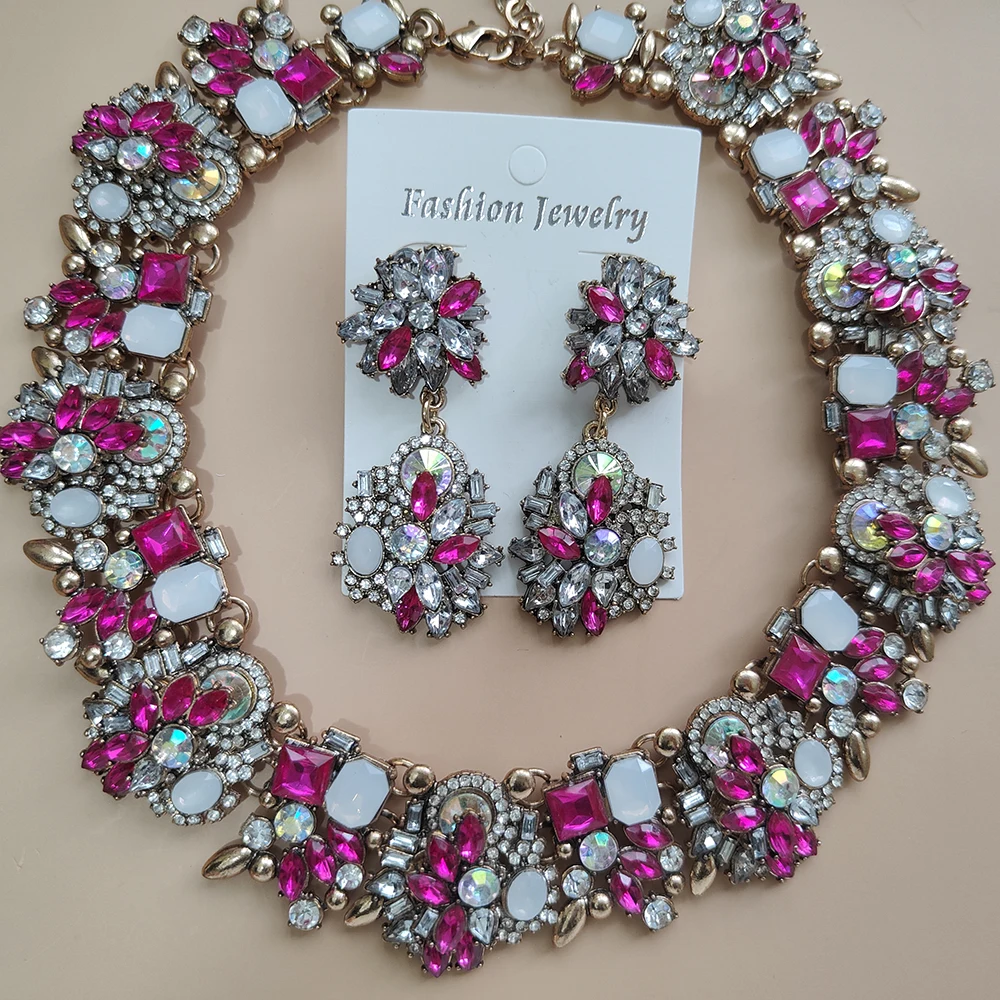 Women's Vintage Statement Earrings & Crystal Rhinestone Choker Set