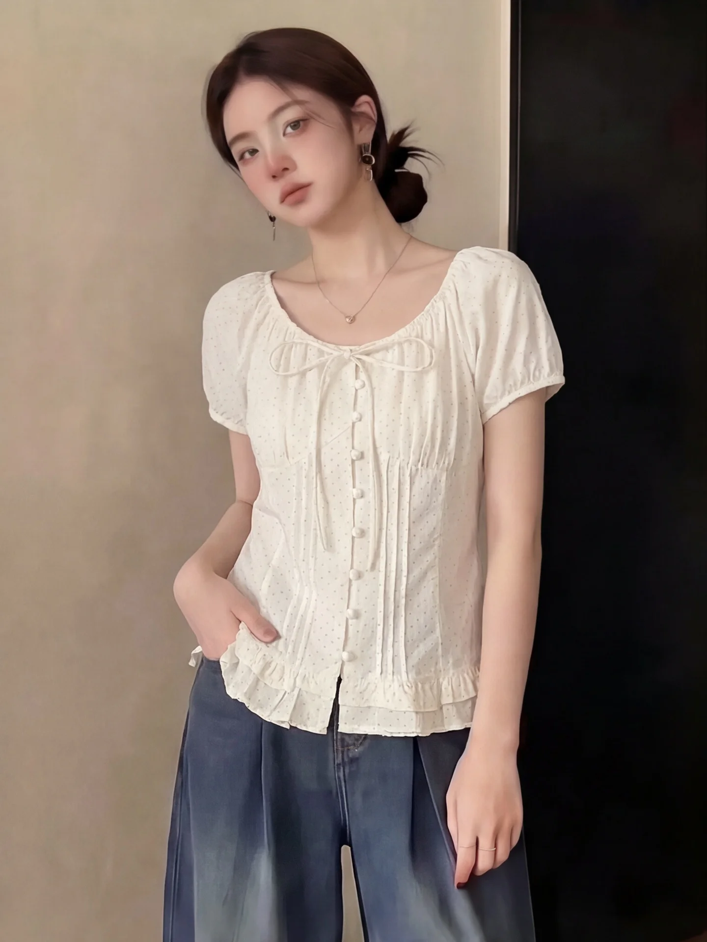 

Summer Cotton Linen Polka Dot Shirt Women's Short Style Cute Sweet Forest Girl Bow Tie Wood Grain Beautiful Top