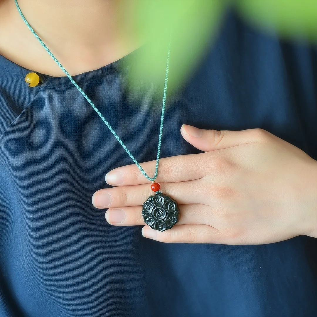 Natural Green Jade Six Character Mantra Pendant With Rope Chain Hetian Jades Nephrite Buddhist Amulet Fengshui Charms Necklace