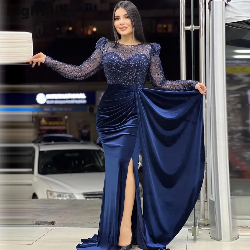 Eightale Saudi Arabic Evening Dresses Sequin Customized Long Sleeves Velvet Mermaid Prom Wedding Party Gowns Robes De Soirée