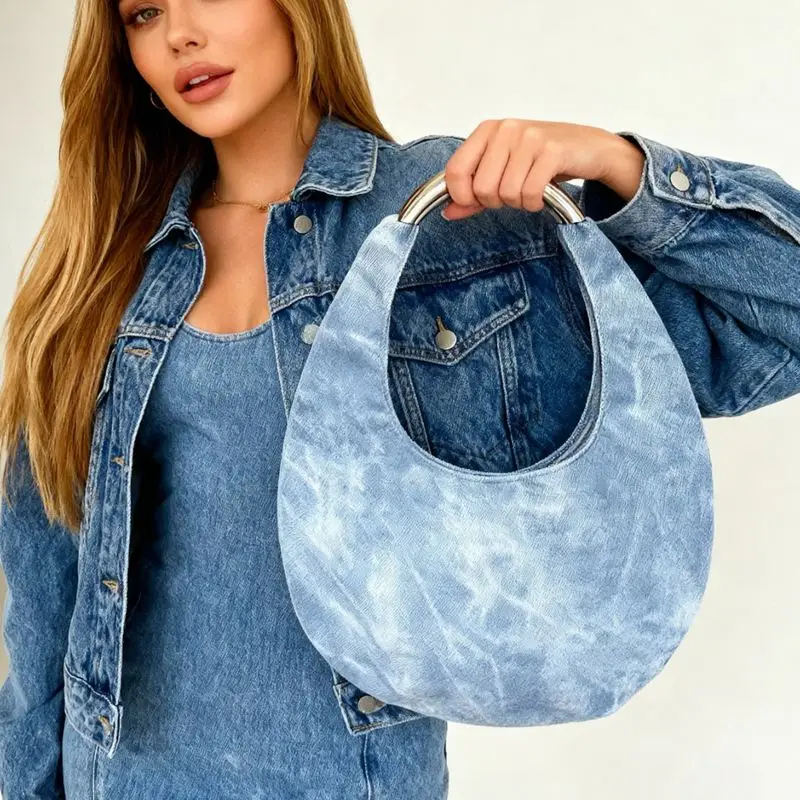 Tas Selempang Rajut Desain Retro Denim Musim Gugur dan Musim Dingin 2025, Tas Bahu Fashion, Tas Crescent Portabel, Tas Bucket