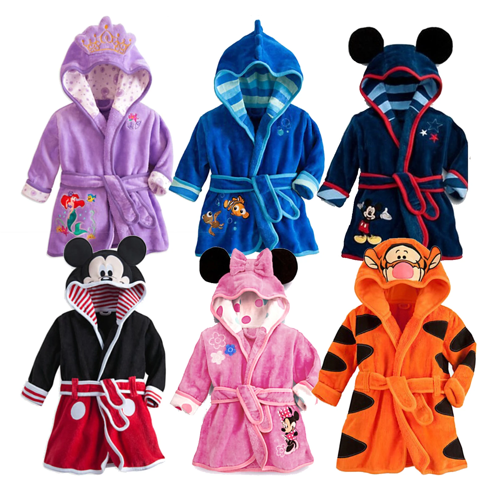 Boys Girls Children\'s Tigger Mickey Minnie Mouse Nemo Mermaid Ariel Flannel Home Clothes Nightgown Bathrobe Pajamas Kids Gifts