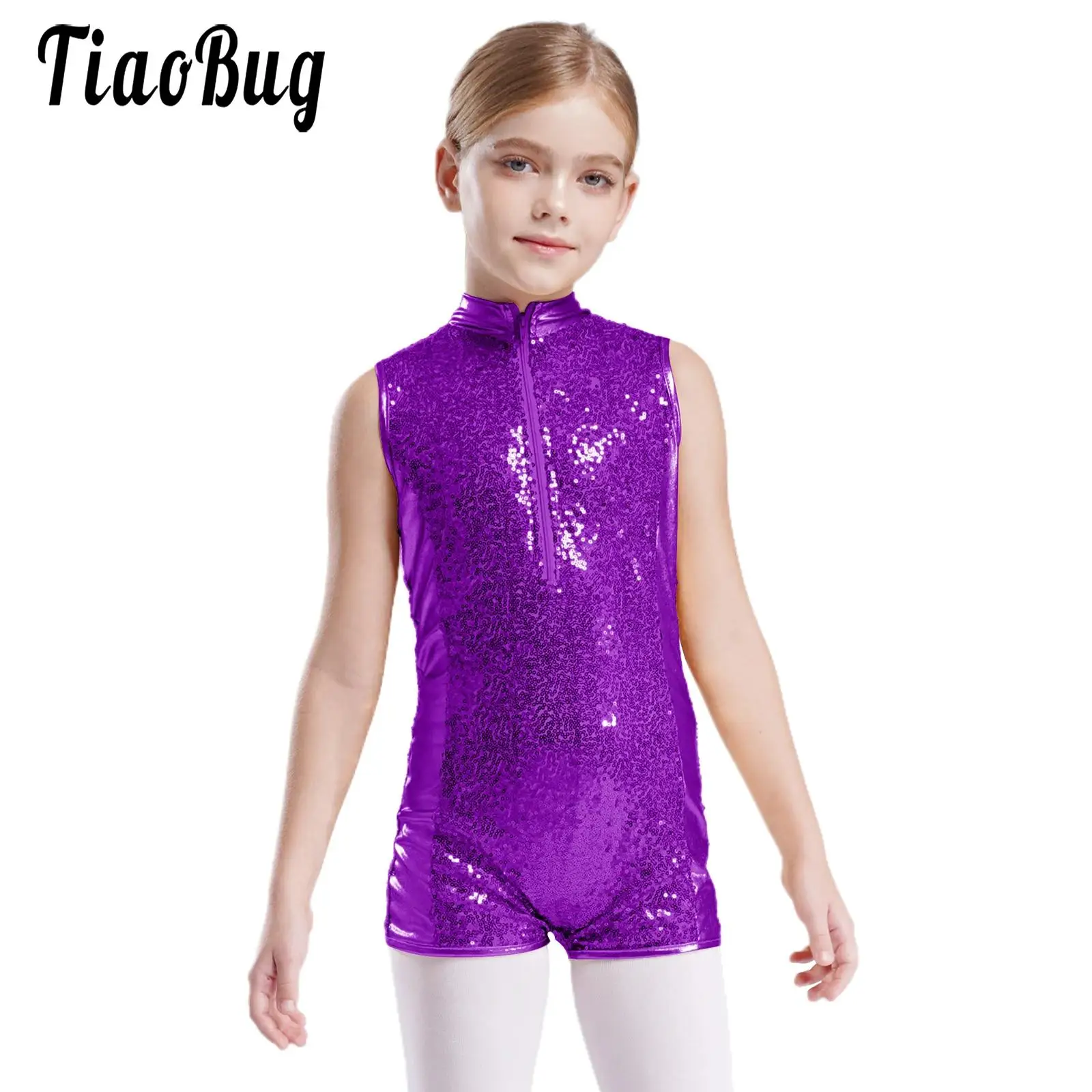 

Girls Sequined Jazz Dance Unitards Gymnastics Sleeveless Zipper Ballet Leotard Figure Skating Rhythmic Stage Performance Costume