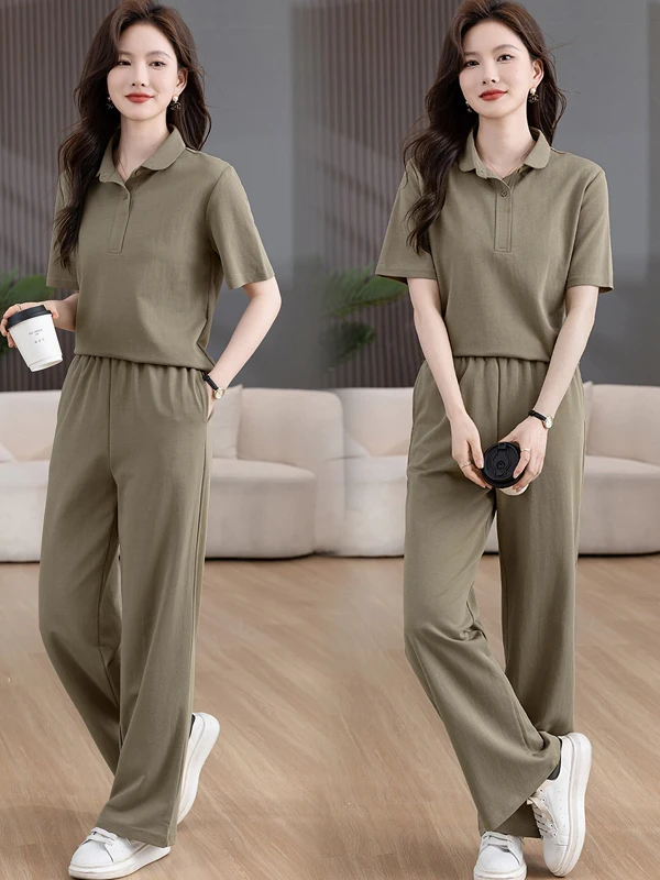 

Large Size Casual Sports Set Women Summer Fashionable Korean Style Collared Short Sleeve Wide Leg Pants Trendy Two Piece Suit