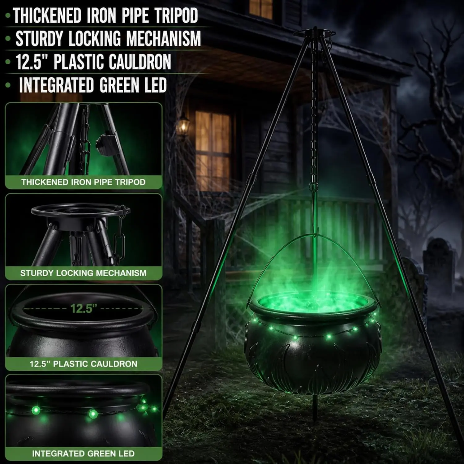 Halloween Cauldron With LED Lights 20 Inch Black Plastic Candy Bowl for Trick or Treat Glowing Green Interior on Iron Tripod