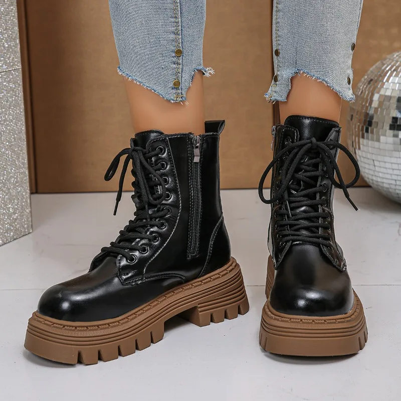 أحذية الموضة النسائية جولة اصبع القدم منصة وحيد كعب مربع الدانتيل متابعة الجانب سستة أحذية قصيرة ريترو الشارع الشرير نمط حذاء من الجلد #1