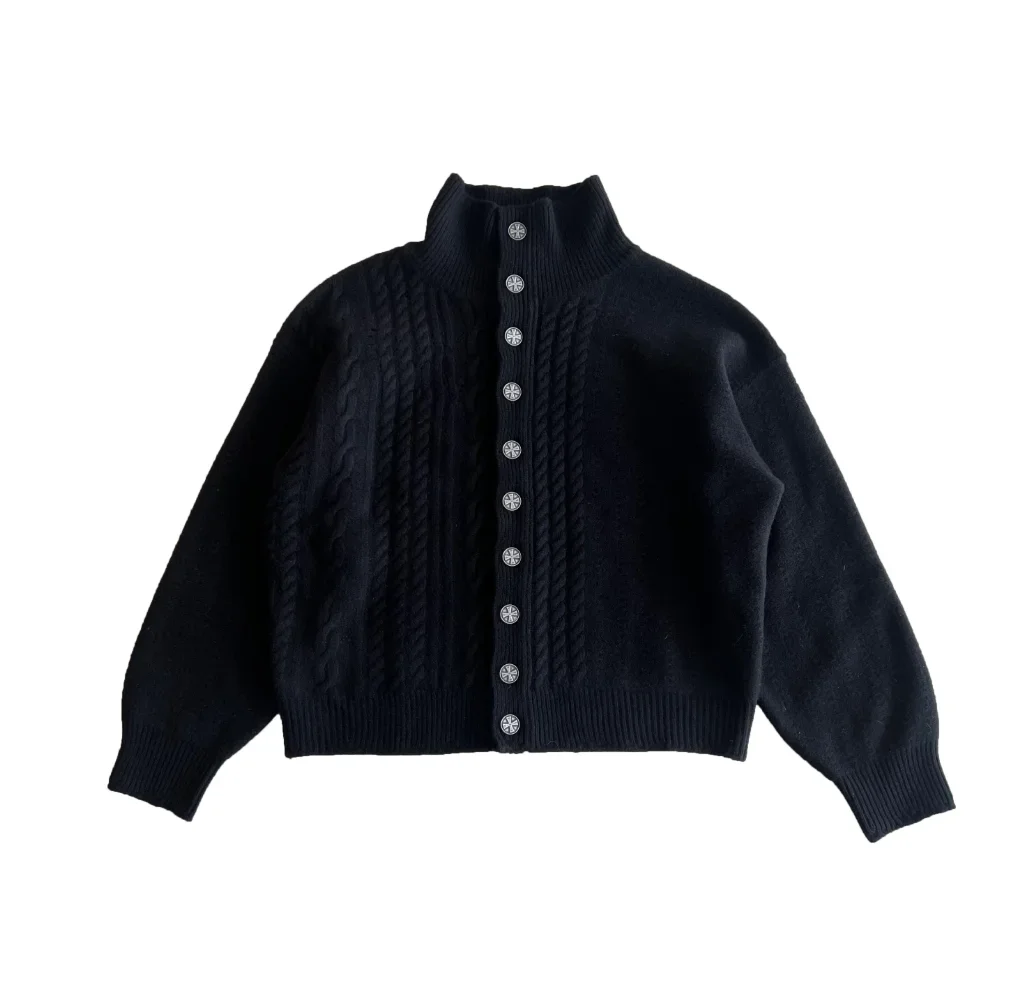 ER/D black destruction cross silver buckle turtleneck wool cardigan knitted sweater Cui Shengche same style