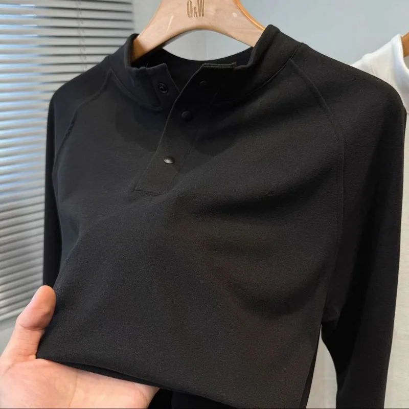 Autumn Winter New Brushed German Velvet Bottoming Shirt Half Turtleneck Concealed Button Long-sleeved T-shirt Casual Men's Top