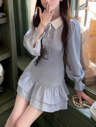 Spring Korean Fashion Short Puffy Dress Sweet Girls New Blue Collegiate Shirt Dresses Office Blue Design Casual Mini Dress 2025